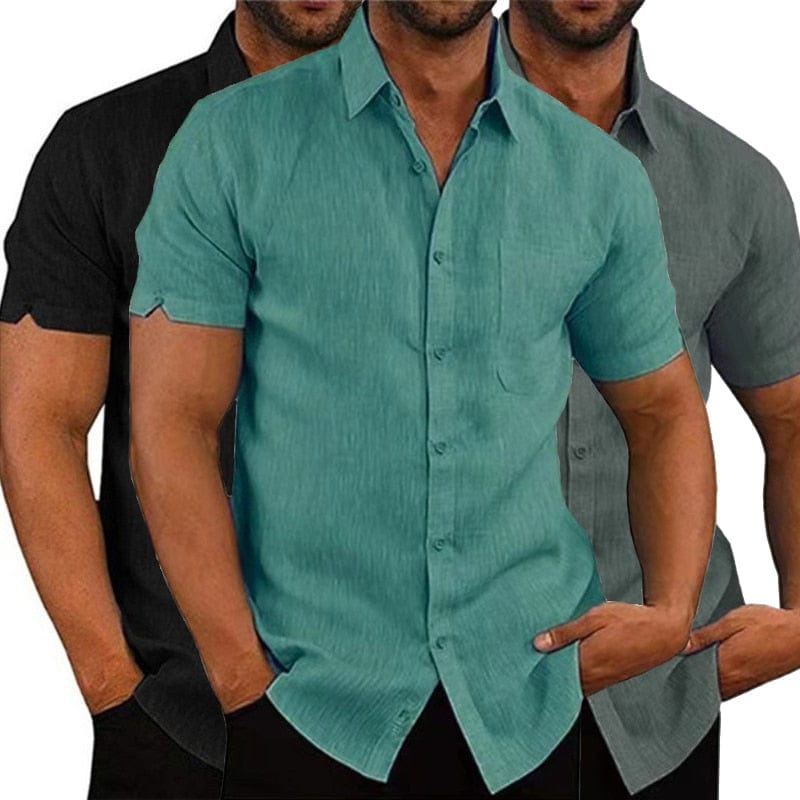 Showlu Fashion Store 0 Summer Cotton Linen Shirts For Men Casual Short Sleeved Shirts Blouses Solid Turn-Down Collar Formal Beach Shirts Male Clothing