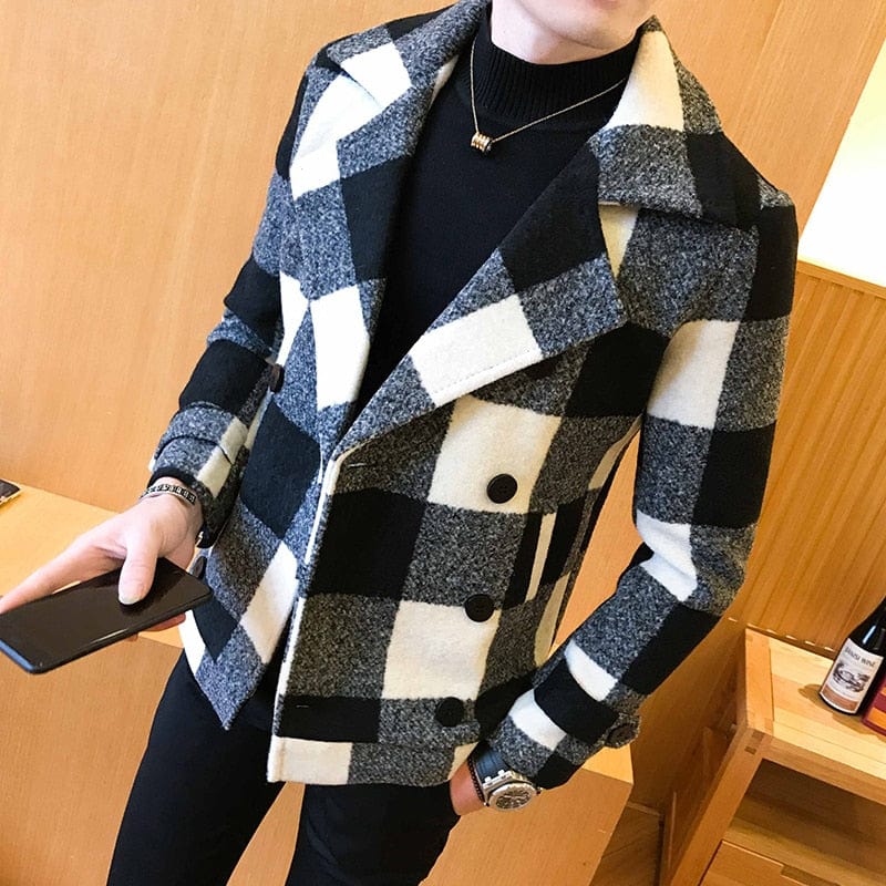 Showlu Fashion Store 0 Trend 2022 New double-breasted windbreaker fashion retro tartan coat large size 5XL slim short coat men&#39;s banquet party dress