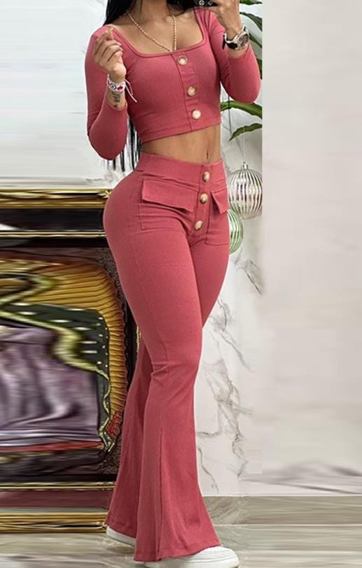 Showlu Fashion Store 0 Two Piece Set Women Outfit 2023 Summer Fashion Square Neck Long Sleeve Buttoned Top & Pocket Design High Waist Flared Pants Set