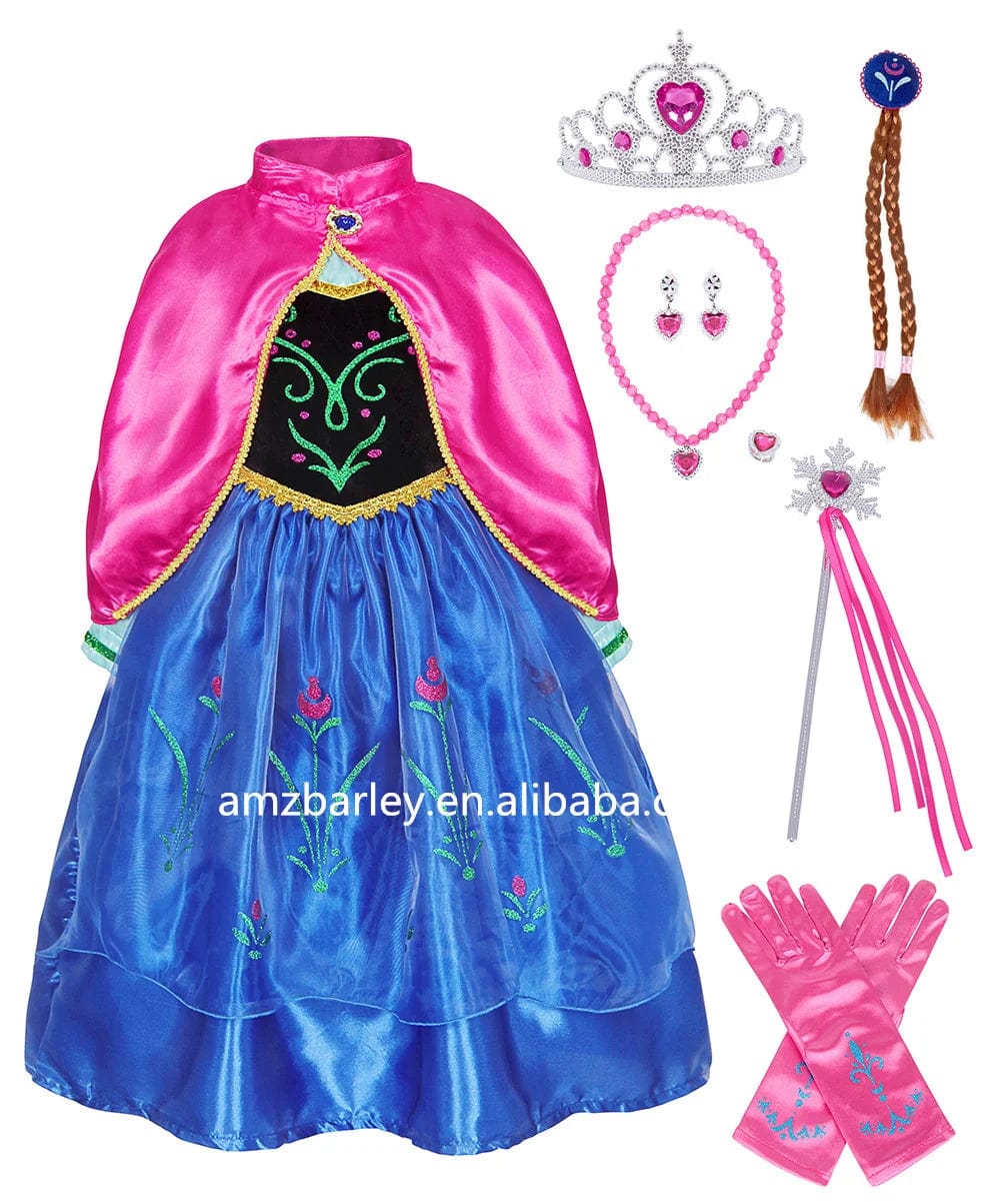  Showlu Fashion Store 140cm(9-10Y) / Blue Girls Princess Dress Cosplay Costume Birthday Party Clothing Children Kids Anna Girls Fancy Dress With Cloak Accessories