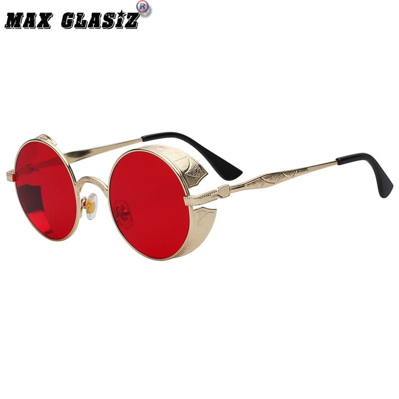 Showlu Fashion Store 50010368 Metal glasses chain / Gold frame/Marine Red European and American Retro Sunglasses round Frame Chamfered Sunglasses Metal Pattern Reengraved Glasses Frame Steampunk Glasses