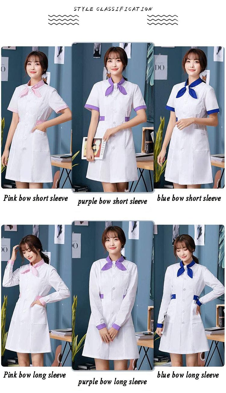 Showlu Fashion Store hospital para female nursing scrubs dress white blouse uniform coat with bow tie