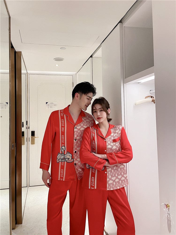 Showlu Fashion Store Hot sale man and woman korean pyjama couple silk satin sexy night wear set