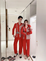 Showlu Fashion Store Hot sale man and woman korean pyjama couple silk satin sexy night wear set