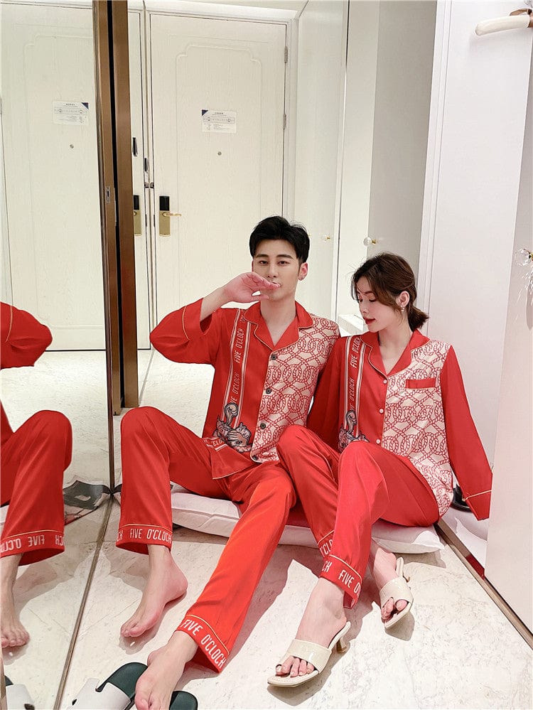 Showlu Fashion Store Hot sale man and woman korean pyjama couple silk satin sexy night wear set