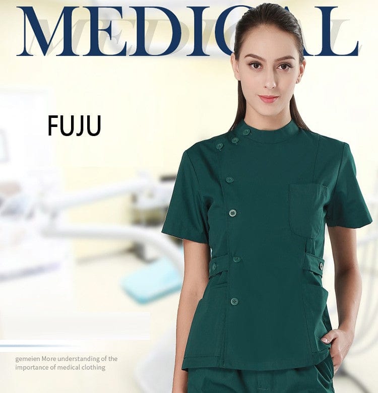  Showlu Fashion Store L / Green short sleeve female doctor Uniform unisex hospital medical  nurse dentist scrubs set