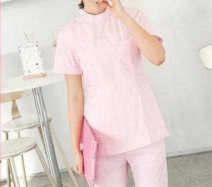  Showlu Fashion Store L / pink short sleeve female doctor Uniform unisex hospital medical  nurse dentist scrubs set