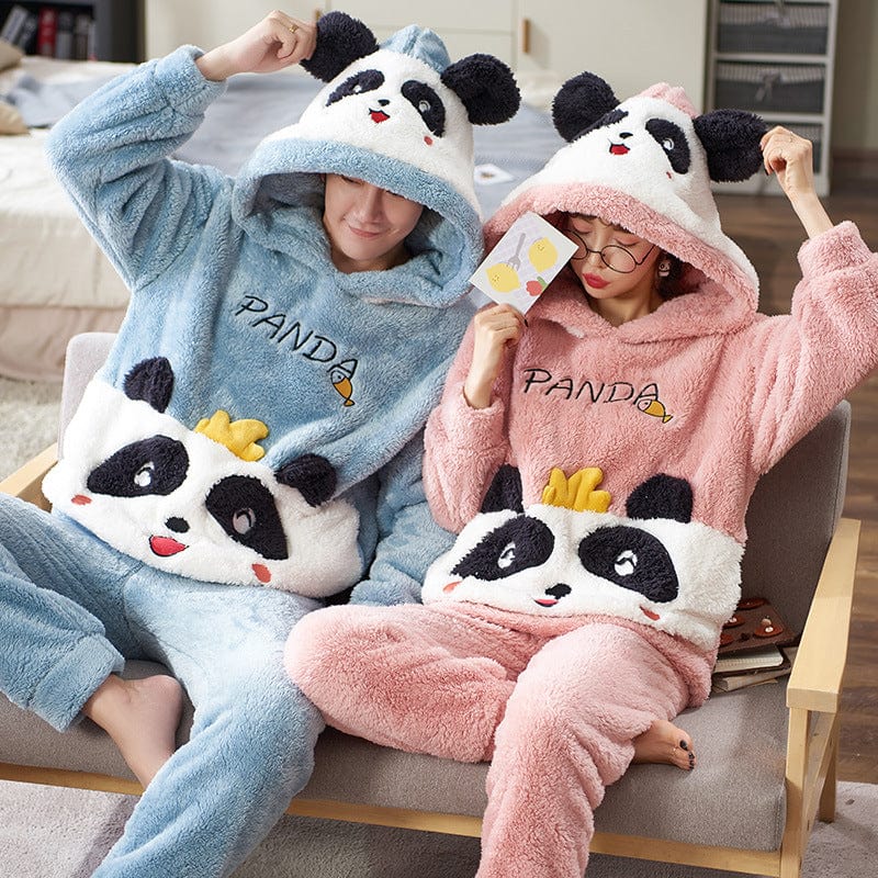 Showlu Fashion Store M / panda Wholesale Cartoon Design Mens Sleepwear Sets Unisex Velvet Flannel Famille Clothing Cute Night Dress For Women Pajamas Suits