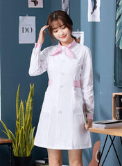 Showlu Fashion Store M / pink bow long sleeve hospital para female nursing scrubs dress white blouse uniform coat with bow tie