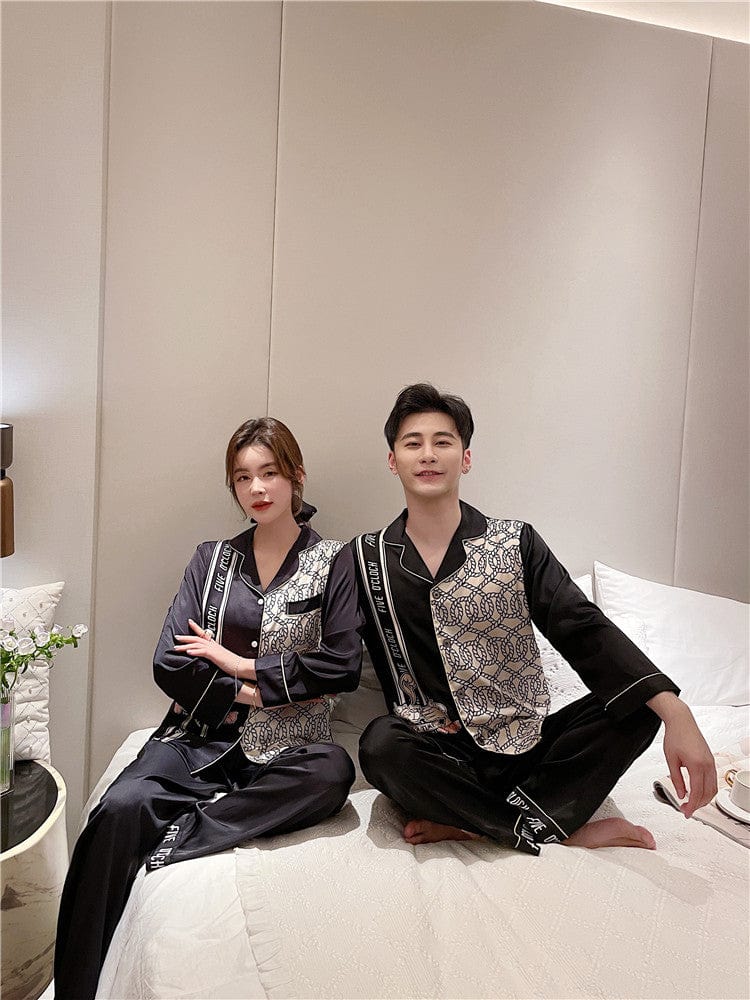 Showlu Fashion Store Men L / black Hot sale man and woman korean pyjama couple silk satin sexy night wear set