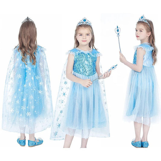  Showlu Fashion Store New Arrival Girl Elsa Aisha Blue Dress Kids Princess Girls Halloween Cosplay Princess Dress Summer Wedding Birthday Party dress