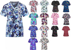 Showlu Fashion Store Printed pattern Hospital Dental Nurse's shirt scrubs Drugstore staff coat top