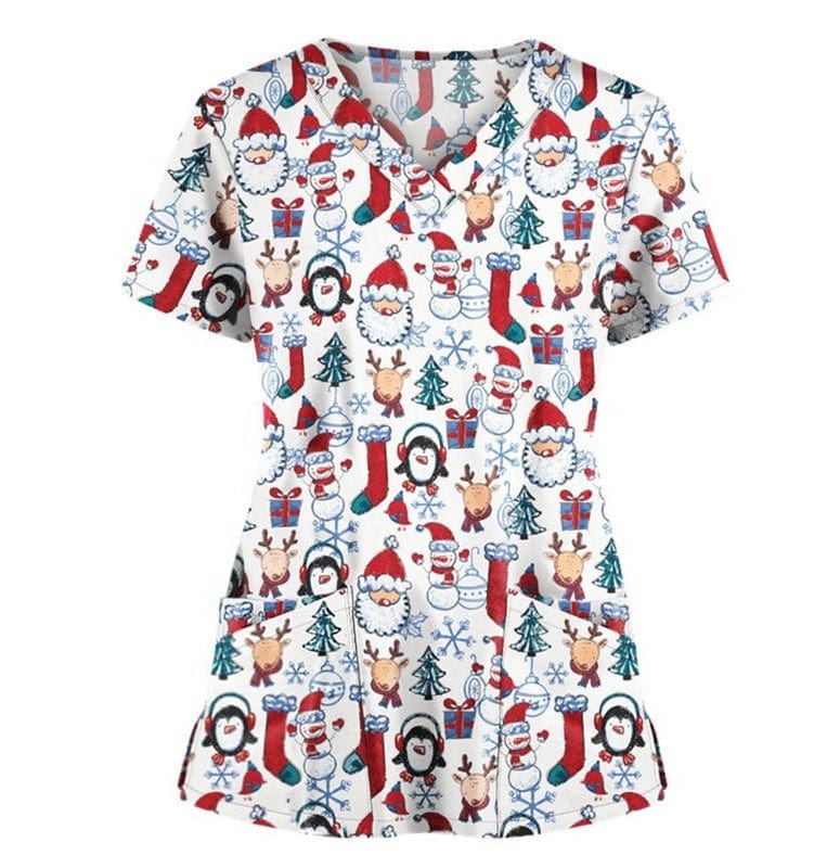 Showlu Fashion Store QH Christmas men women printed polyester spandex uniform suit pattern nursing Stretch Christmas scrubs top