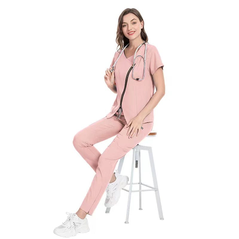 Showlu Fashion Store XS / Pink Reusable Stretchy Beautician Scrubs Uniforms Nurse Uniform Medical  Zip Scrubs