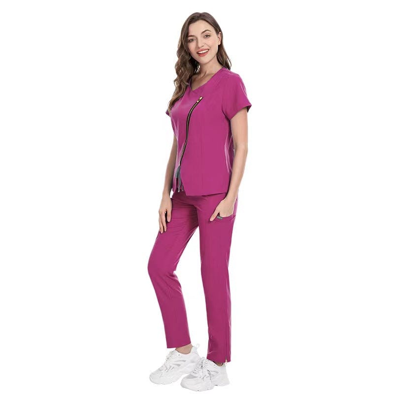 Showlu Fashion Store XS / rose red Reusable Stretchy Beautician Scrubs Uniforms Nurse Uniform Medical  Zip Scrubs