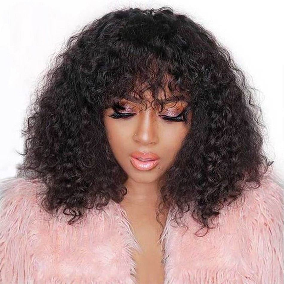 Showlu Store Nation 0 8inches / 180% Short Water Wave Pixie Cut Bob Human Hair Wig With Bangs Full Machine Wigs For Black Women Remy Perruque Cheveux Humain Curly