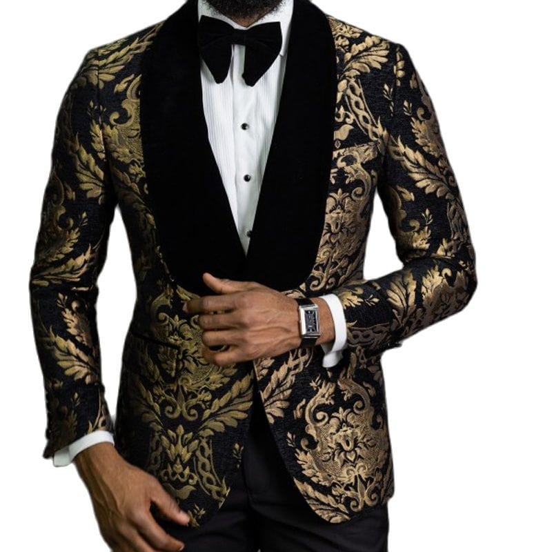 Showlu Store Nation 0 Floral Jacquard Prom Blazer for Mens African Fashion Slim Fit with Velvet Shawl Lapel Male Suit Jacket for Wedding Groom Tuxedo