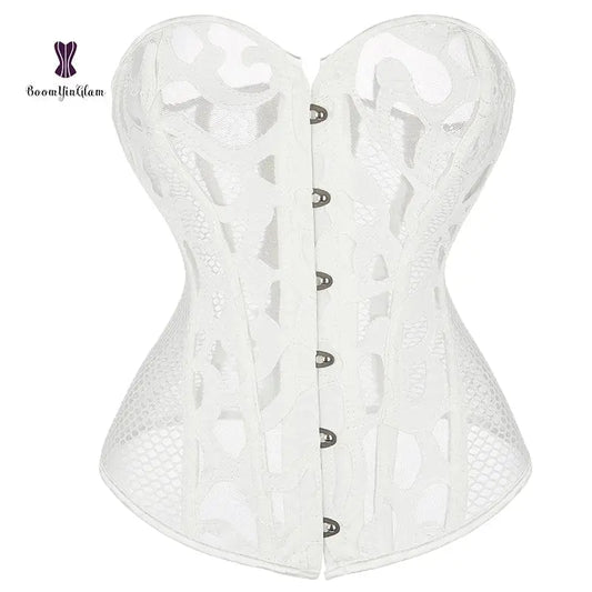 Showlu Fashion Store L / White women costume sexy lingerie transparent mesh corselet hollow out erotic bridal corsets with thong